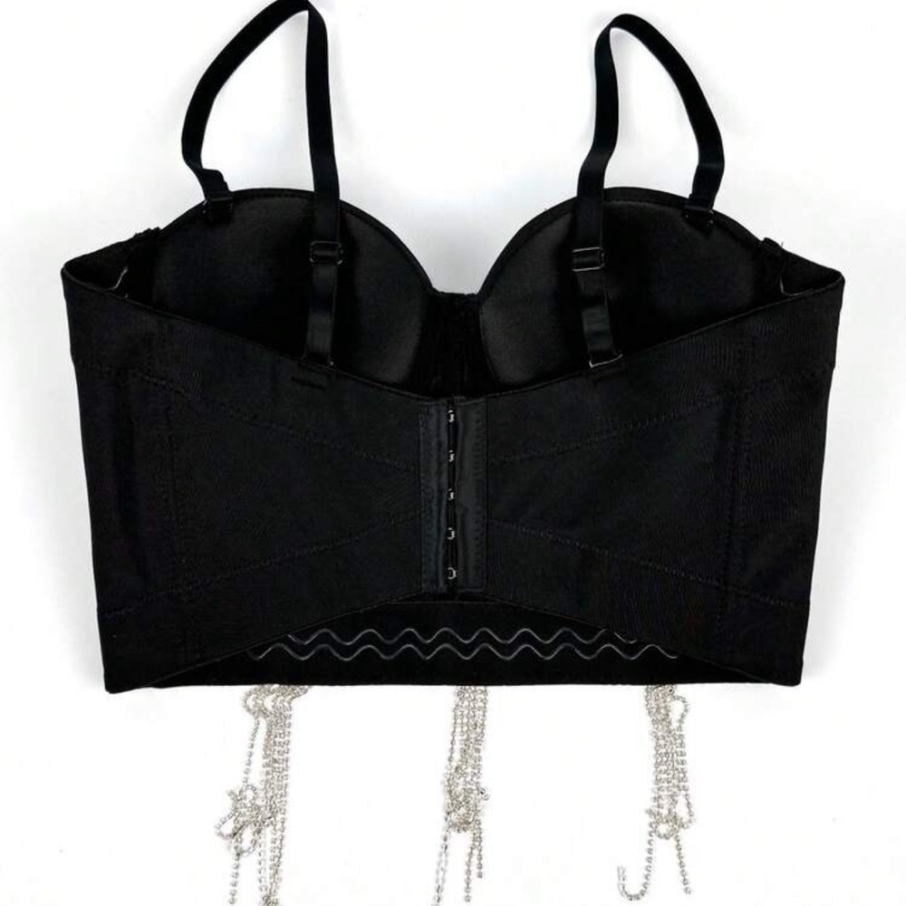 Black Diamond Studded Sparkling Flower Camisole Sexy Woman Fishbone Corset Top - Picture 6 of 7